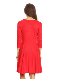 Red Jersey Knit Long Sleeve Flared Swing Dress