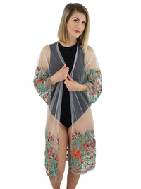 Ivory Floral Embroidered Kimono Cover Up