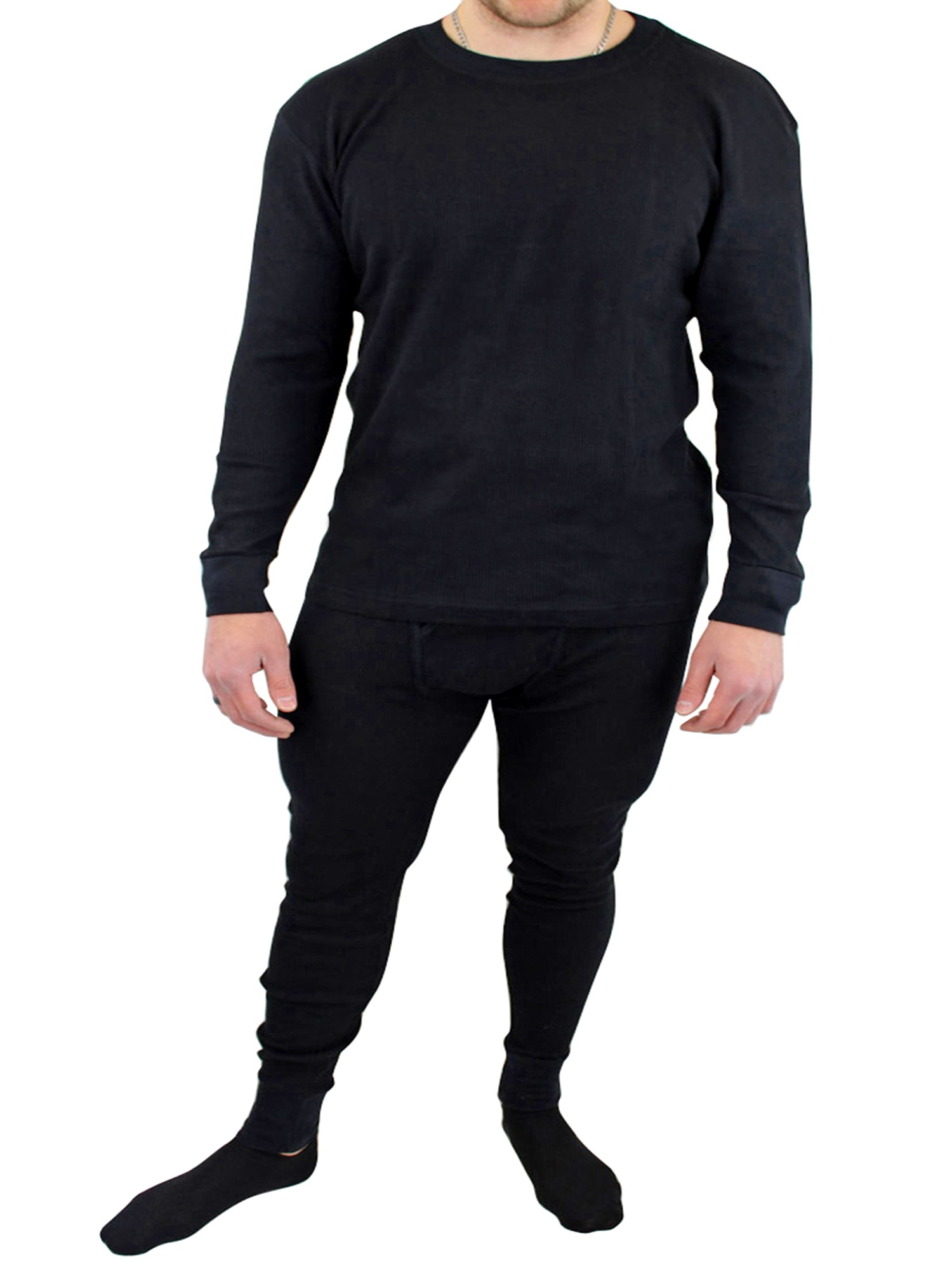 Mens Black Thermal Crew Neck Big & Tall Long Johns Underwear Set