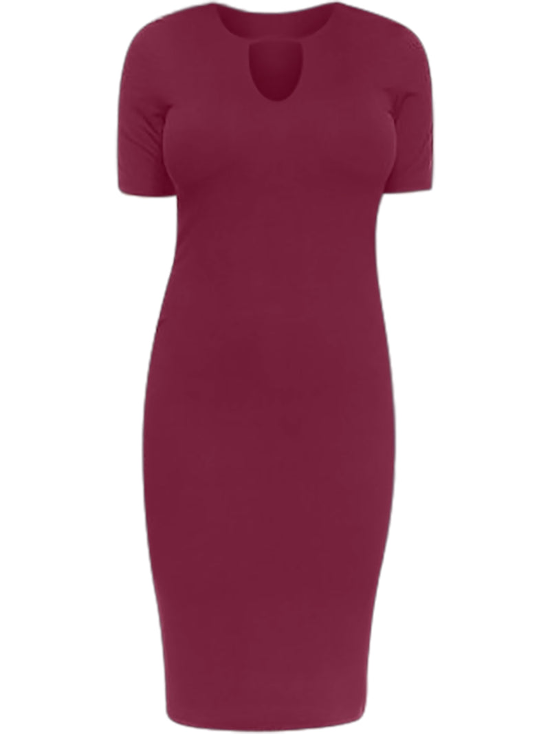 Burgundy Keyhole Short Sleeve Midi Dress
