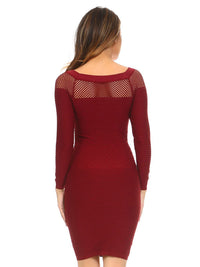 Wine Red Long Sleeve Netted Neckline Dress