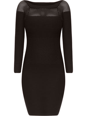 Black Long Sleeve Netted Neckline Dress