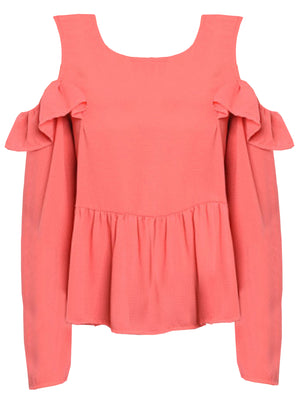 Coral Pink Womens Cold Shoulder Ruffled Tunic Top