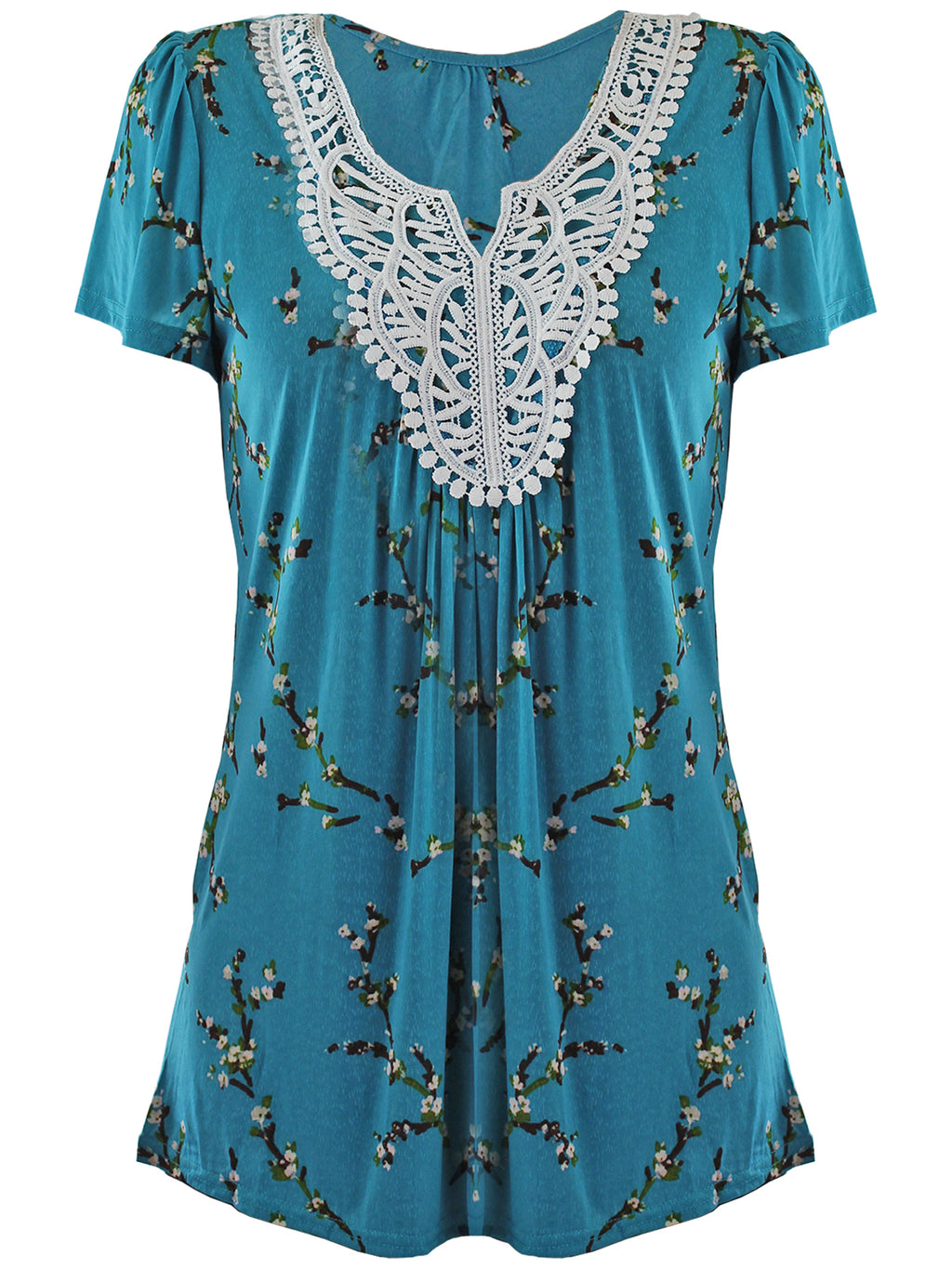 Turquoise Short Sleeve Floral Crochet Trim Tunic