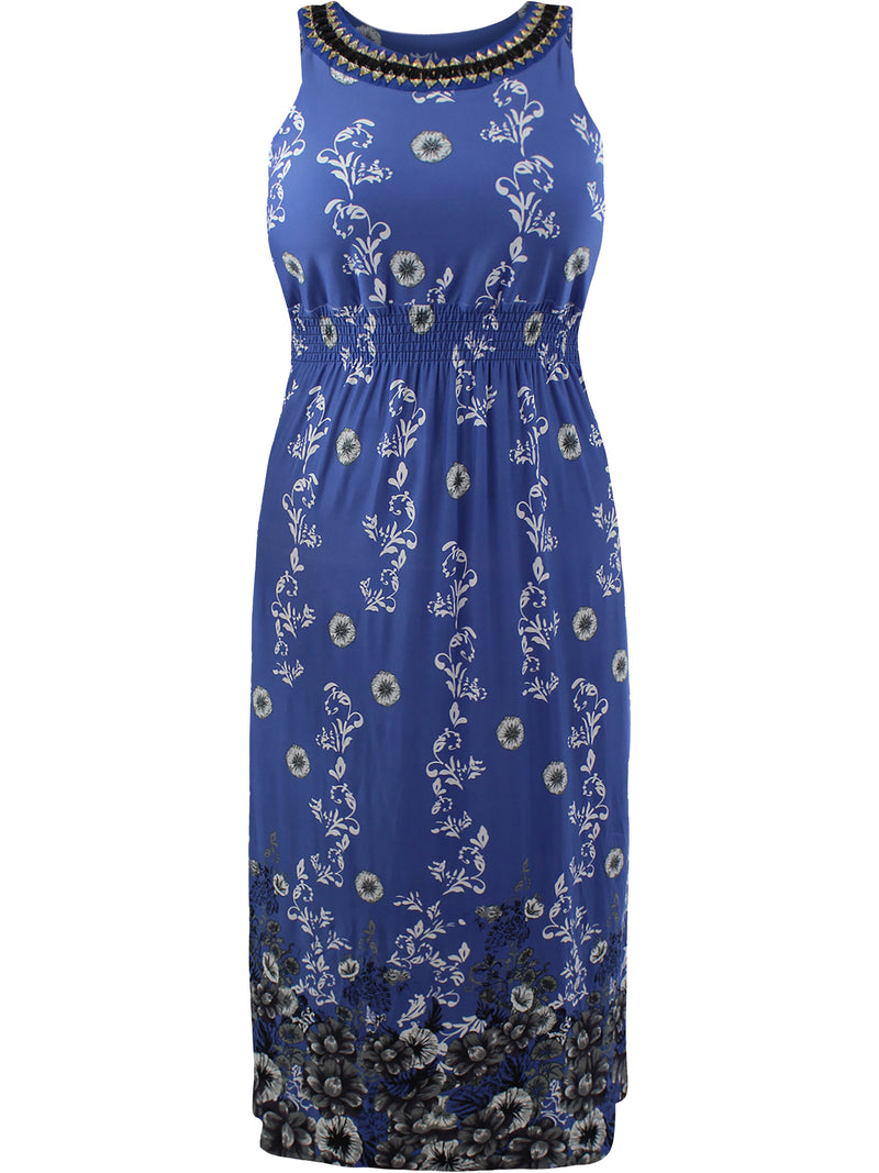 Blue Plus Size Sun Dress With Jeweled Neck