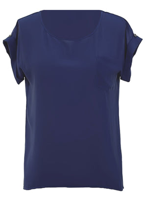 Navy Blue Short Sleeve Chiffon Plus Size Top
