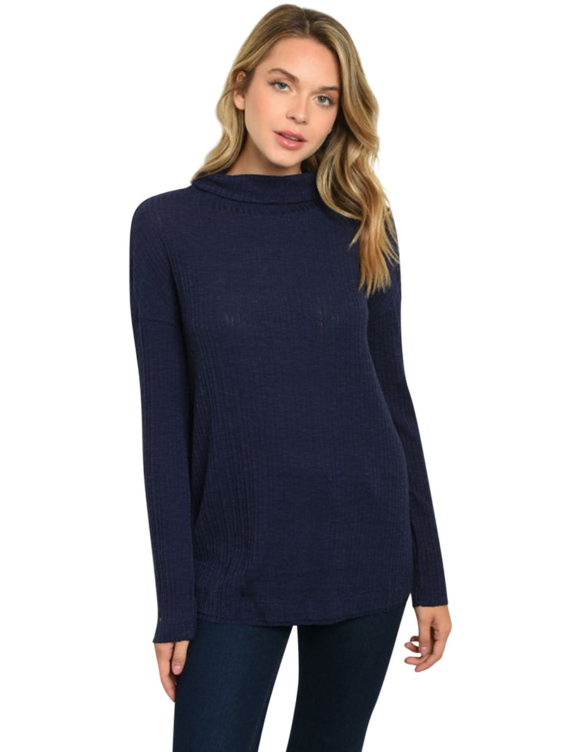 Navy Blue Ribbed Knit Long Sleeve Open Back Top