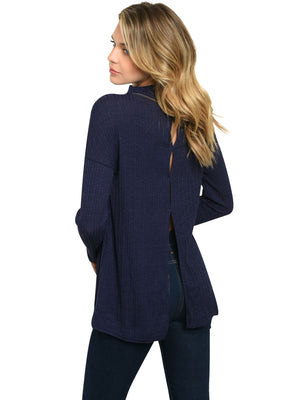 Navy Blue Ribbed Knit Long Sleeve Open Back Top