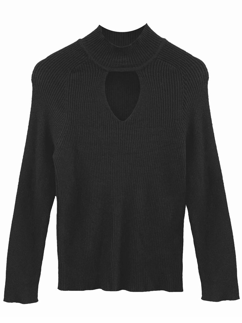 Black Ribbed Knit Sweater With Keyhole