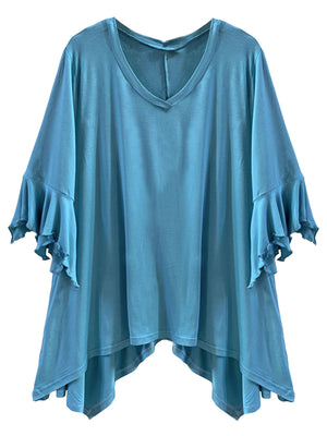 Aqua Blue Plus Size High-Low Top With Bell Sleeves