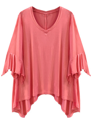 Pink Plus Size High-Low Top With Bell Sleeves