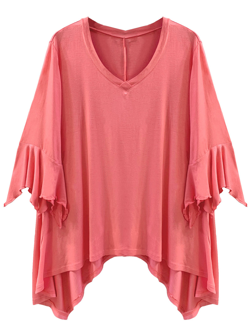 Pink Plus Size High-Low Top With Bell Sleeves
