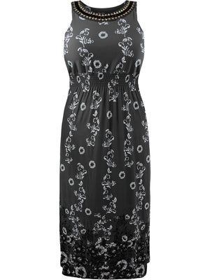 Black Floral Print Plus Size Sun Dress With Jeweled Neck
