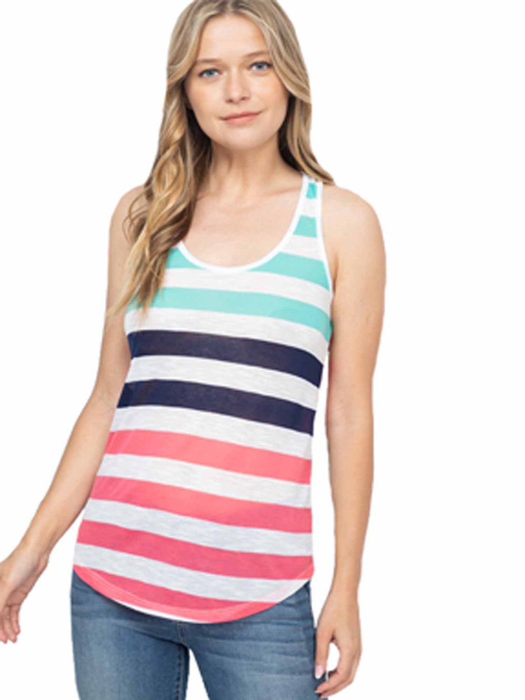 Coral Mint & Navy Lightweight Striped Racerback Tank Top Size Medium