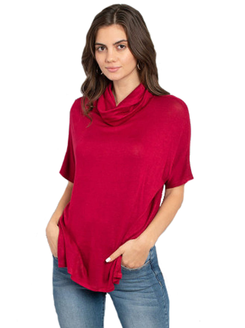 Womens Burgundy Jersey Knit Cowl Neck Blouse With Bell Sleeves