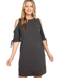 Black Cold Shoulder Dress With Lace-Up Sleeves