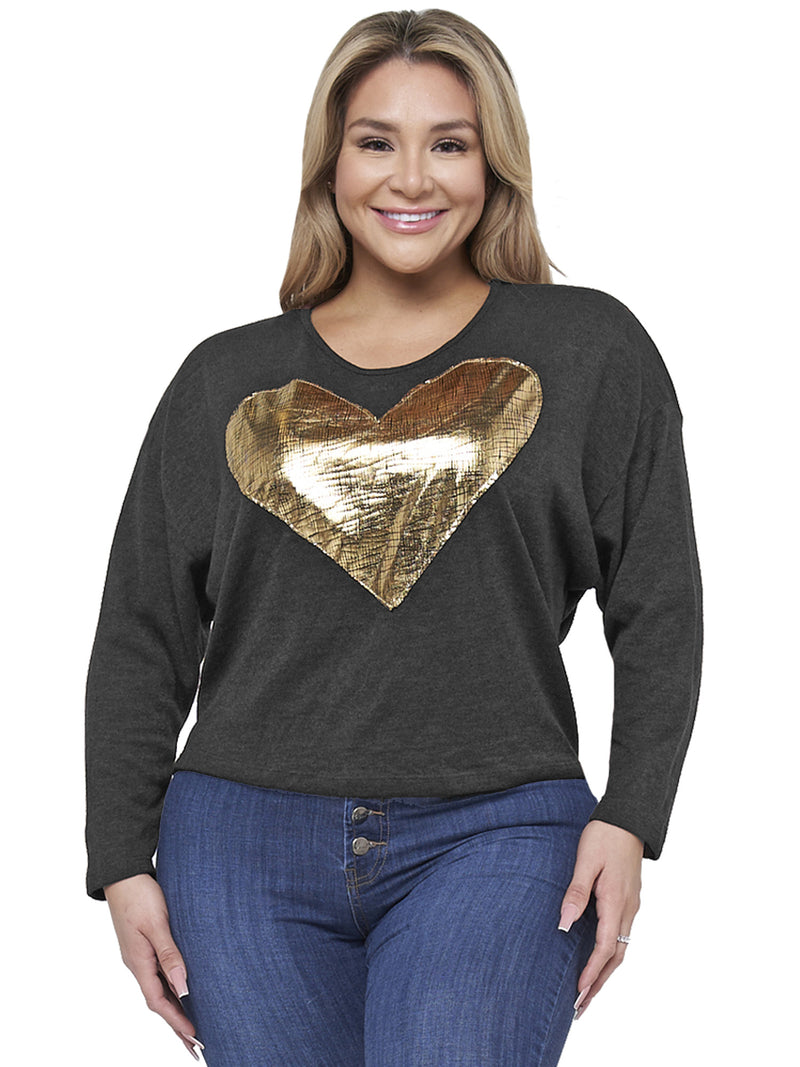 Womens Plus Size Charcoal Long Sleeve Top With Gold Heart