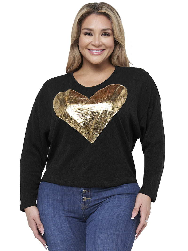 Womens Plus Size Long Sleeve Top With Gold Heart