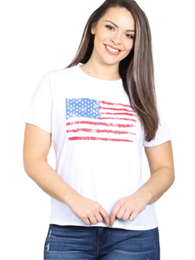 Womens White USA Flag Print Short Sleeve Plus Size T-Shirt Size XXX-Large