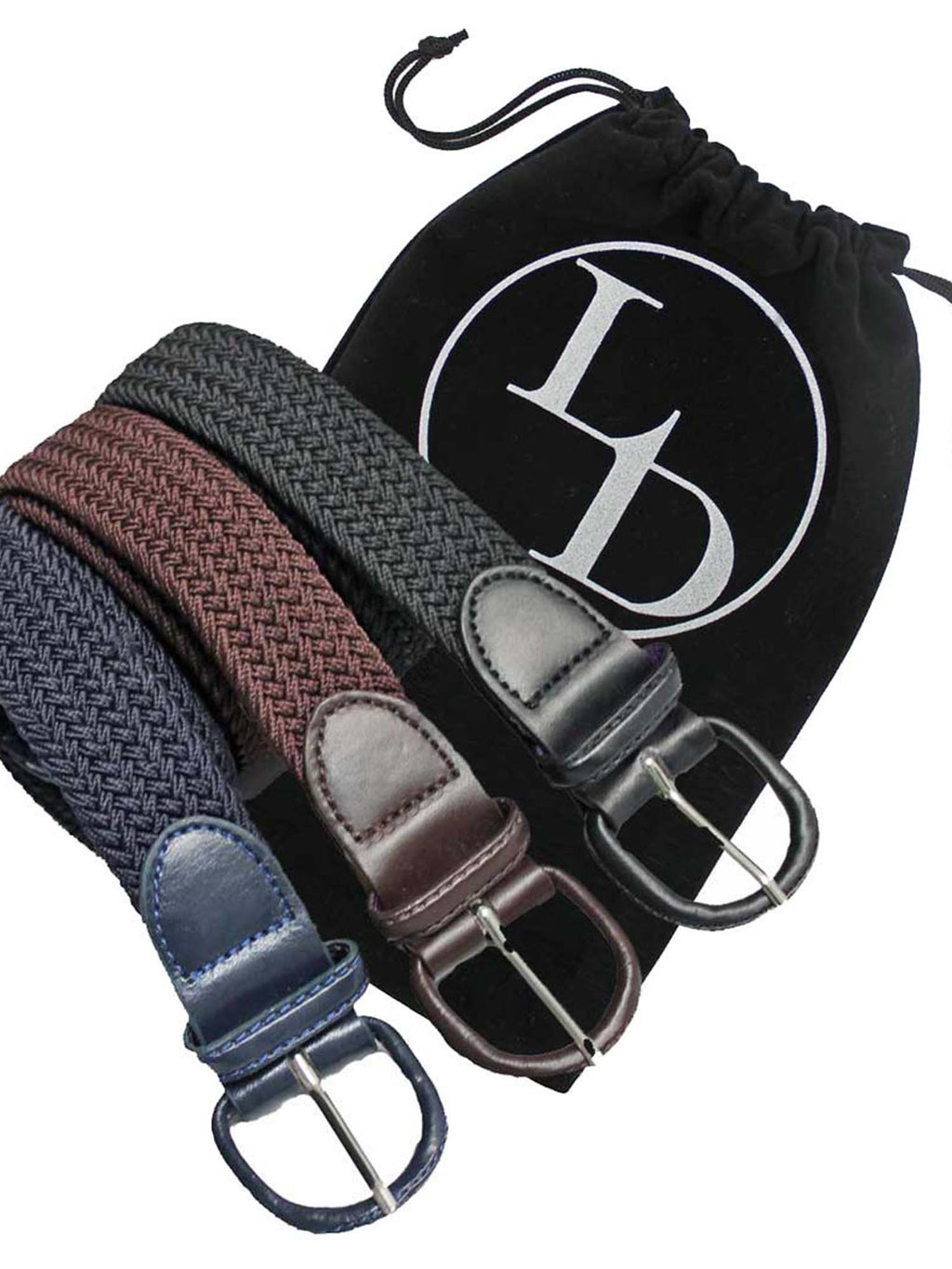 Black Navy Blue Brown 3 Pack Braided Elastic Belts