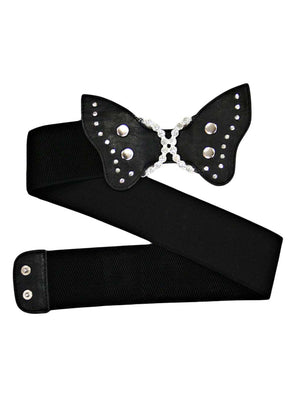 Black Butterfly Elastic Belt With Rhinestone Buckle