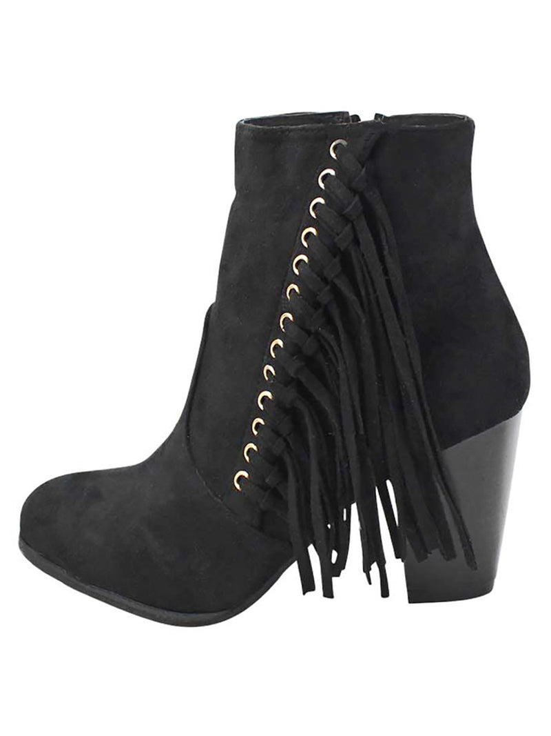 Boho Fringe Womens Stacked Heel Booties