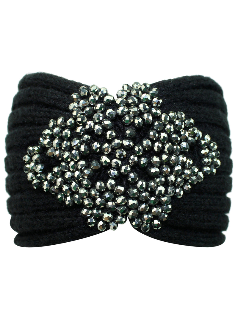 Black Knit Headband With Beaded Detail