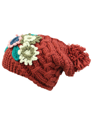 Thick Knit Floral Slouchy Beanie Hat With Brim & Pom Pom