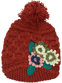 Thick Knit Floral Slouchy Beanie Hat With Brim & Pom Pom