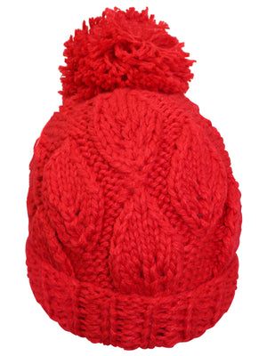 Slouchy Winter Cable Knit Beanie Hat With Pom Pom
