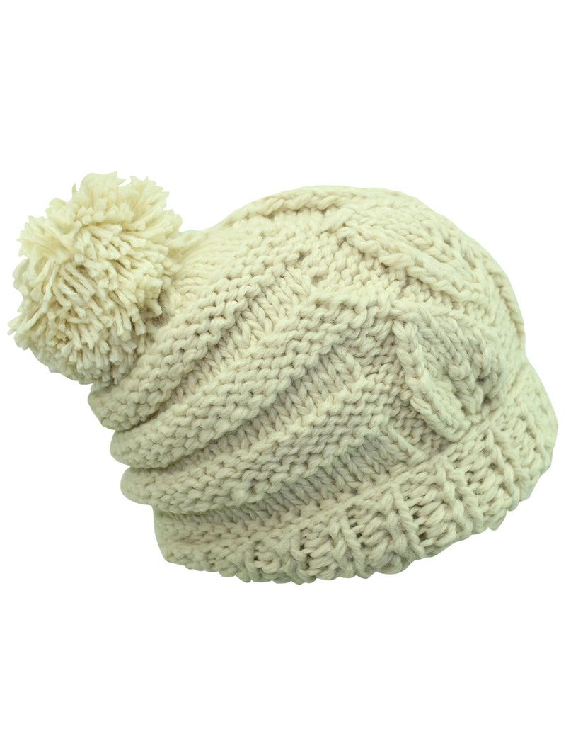 Slouchy Winter Cable Knit Beanie Hat With Pom Pom