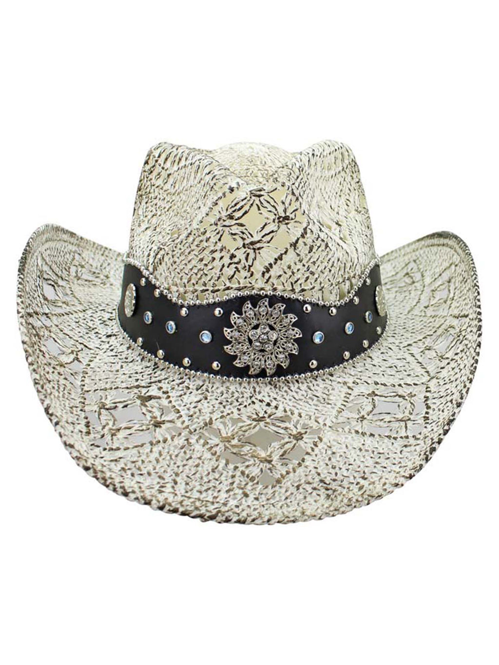 White Antiqued Straw Cowboy Hat With Jeweled Band