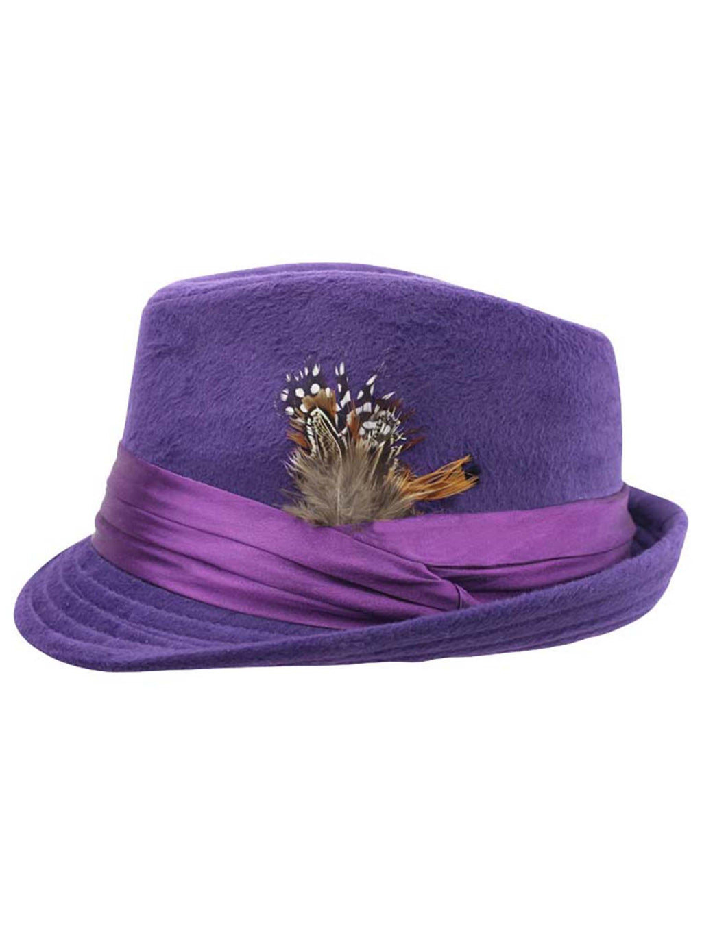 Purple Wool Felt Fedora Hat With Feather Trim