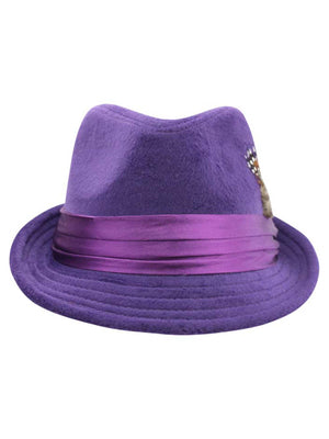 Purple Wool Felt Fedora Hat With Feather Trim