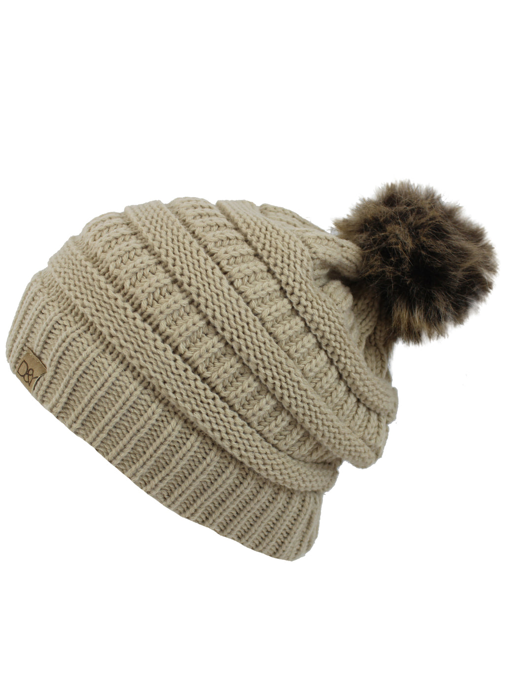 Beige Halo Ribbed Slouch Cap Hat With Fur Pom Pom