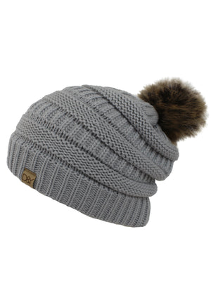 Light Gray Halo Ribbed Slouch Hat With Fur Pom Pom