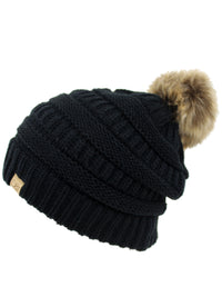 Black Halo Ribbed Slouch Hat With Fur Pom Pom
