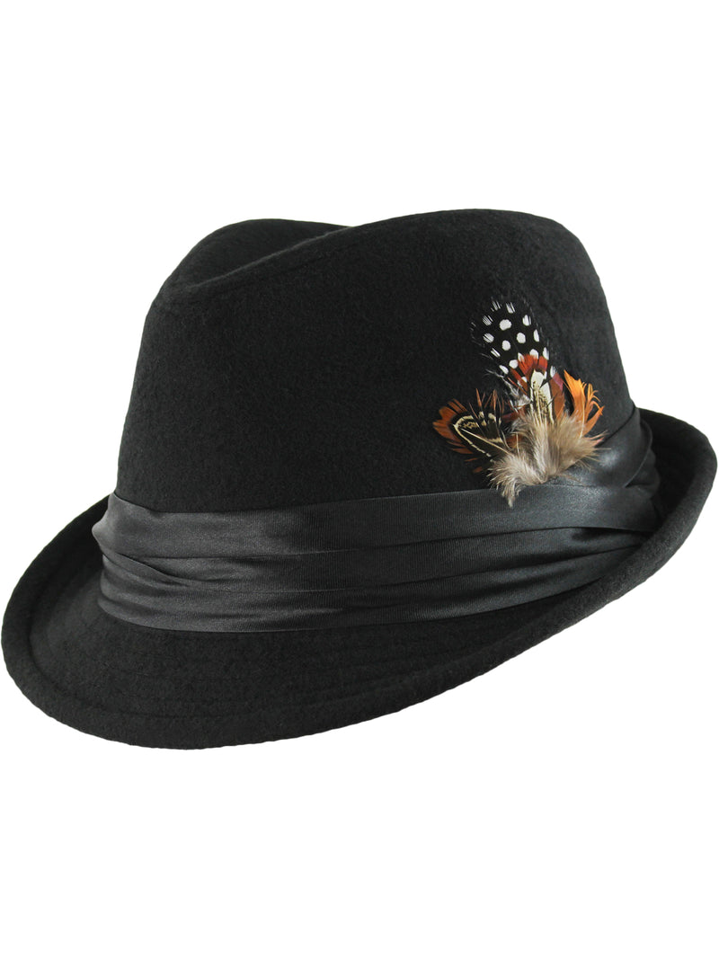 Black Wool Felt Fedora Hat With Feather Trim