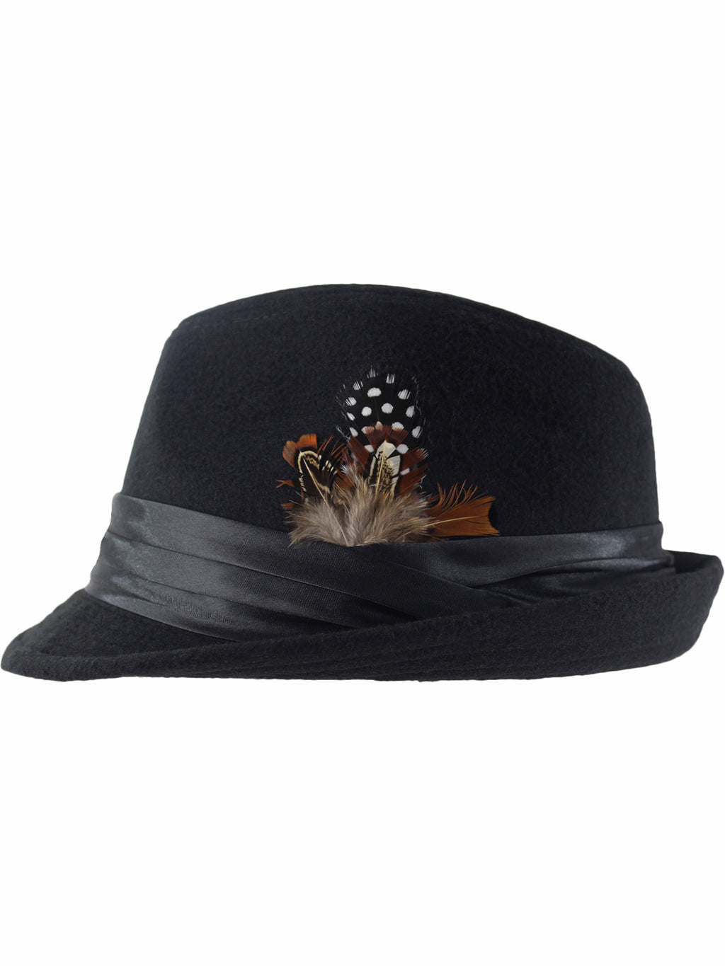 Black Wool Felt Fedora Hat With Feather Trim