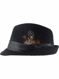 Black Wool Felt Fedora Hat With Feather Trim