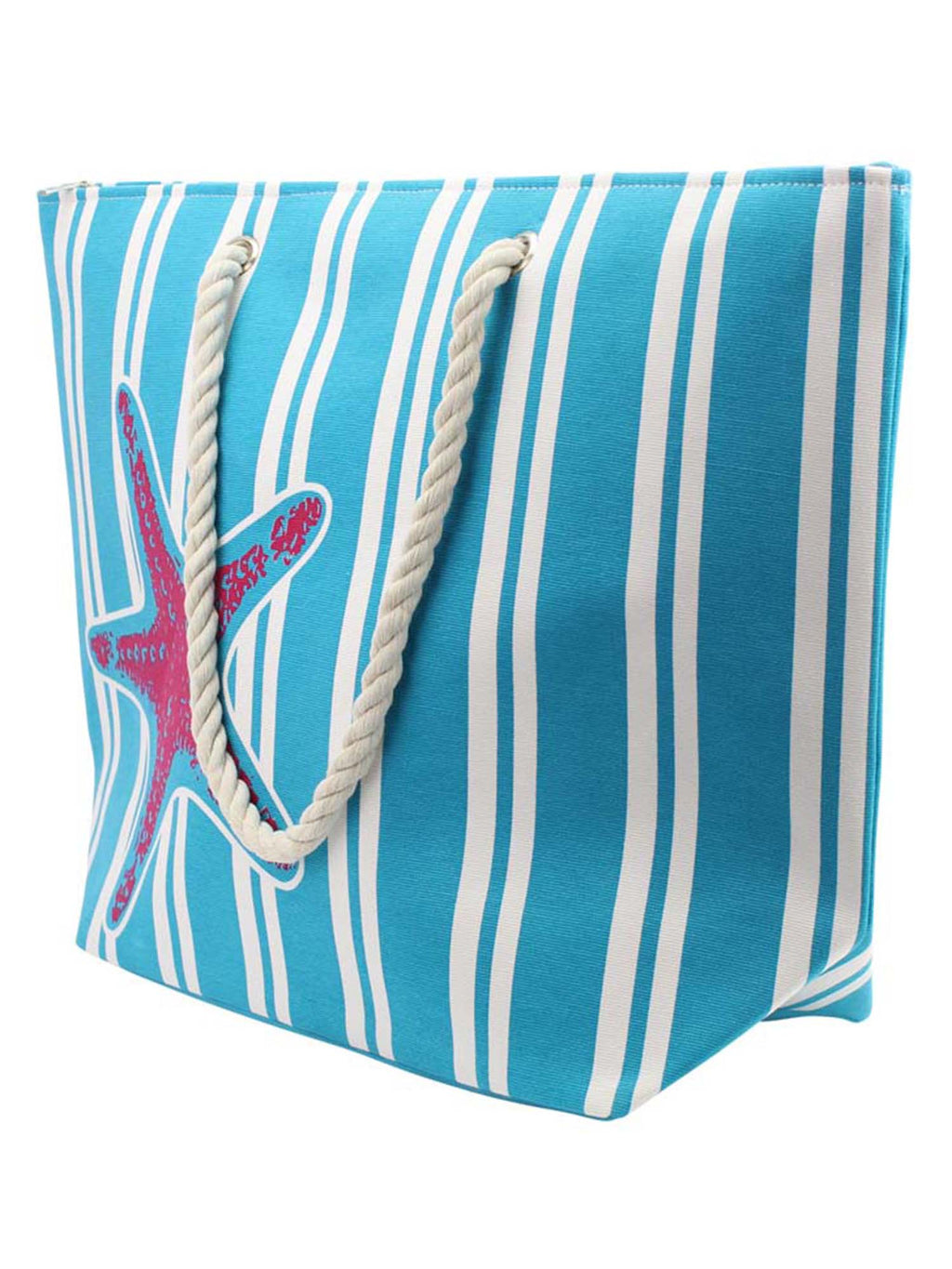 Turquoise Starfish & Stripes Canvas Beach Tote Bag