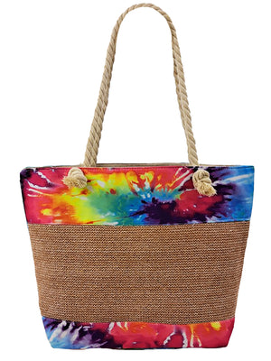 Tie-Die Woven Canvas Beach Tote Bag With Rope Handles