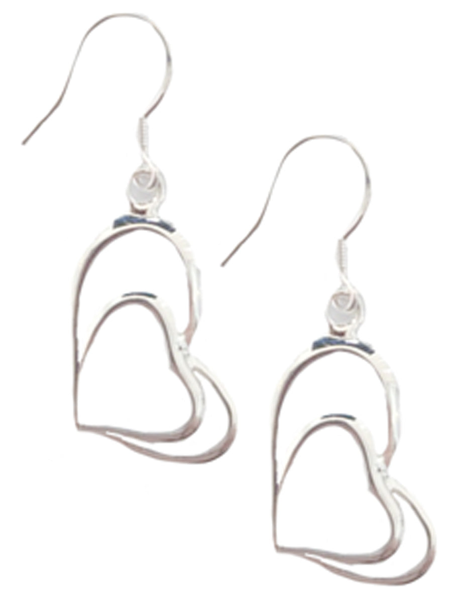 Sterling Silver Plated Double Heart Drop Hook Earrings