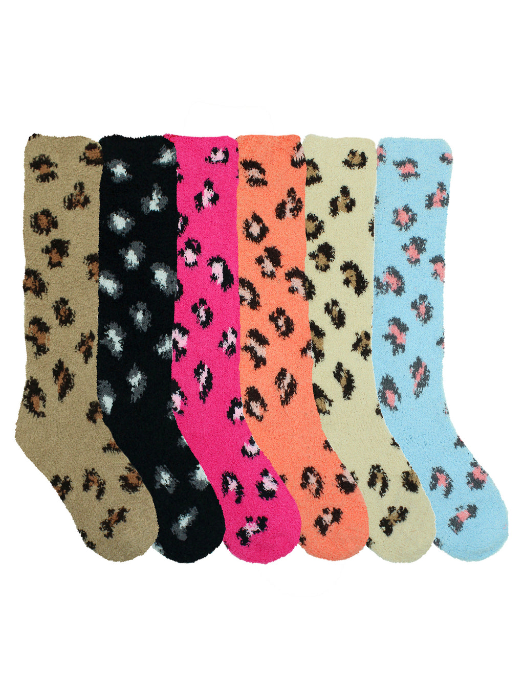 Colorful 6-Pack Leopard Print Knee High Fuzzy Socks
