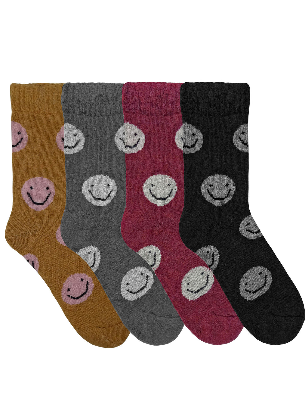 Womens 4-Pack Smiley Face Print Lambs Wool Crew Socks