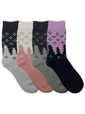 Womens 4-Pack Colorful Treeline Print Lambs Wool Winter Socks