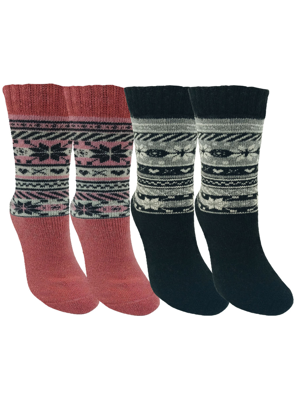 Womens Pink & Black 2-Pack Snowflake Heart Knit Lambs Wool Socks