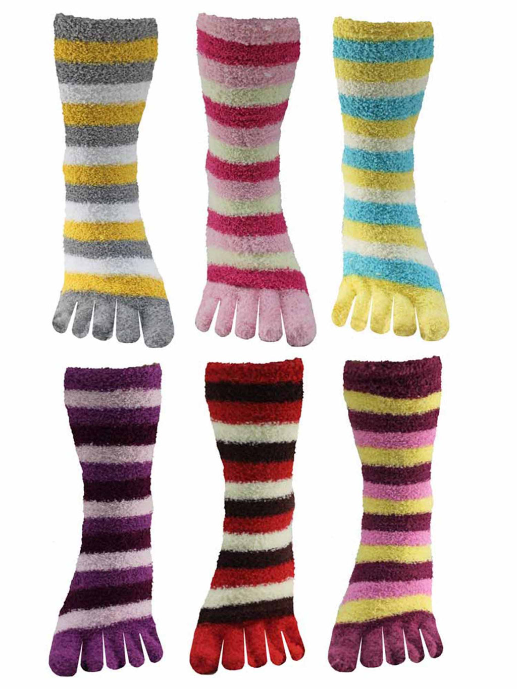 Assorted Multicolor Striped Fuzzy Toe Socks 6 Pack