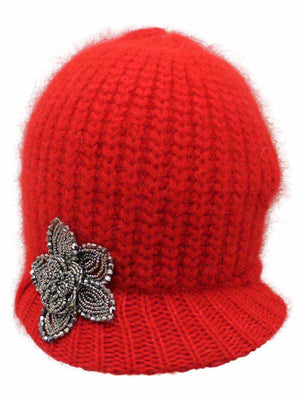 Angora Knit Newsboy Hat With Beaded Flower