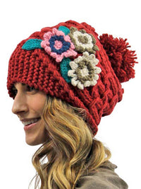 Thick Knit Floral Slouchy Beanie Hat With Brim & Pom Pom